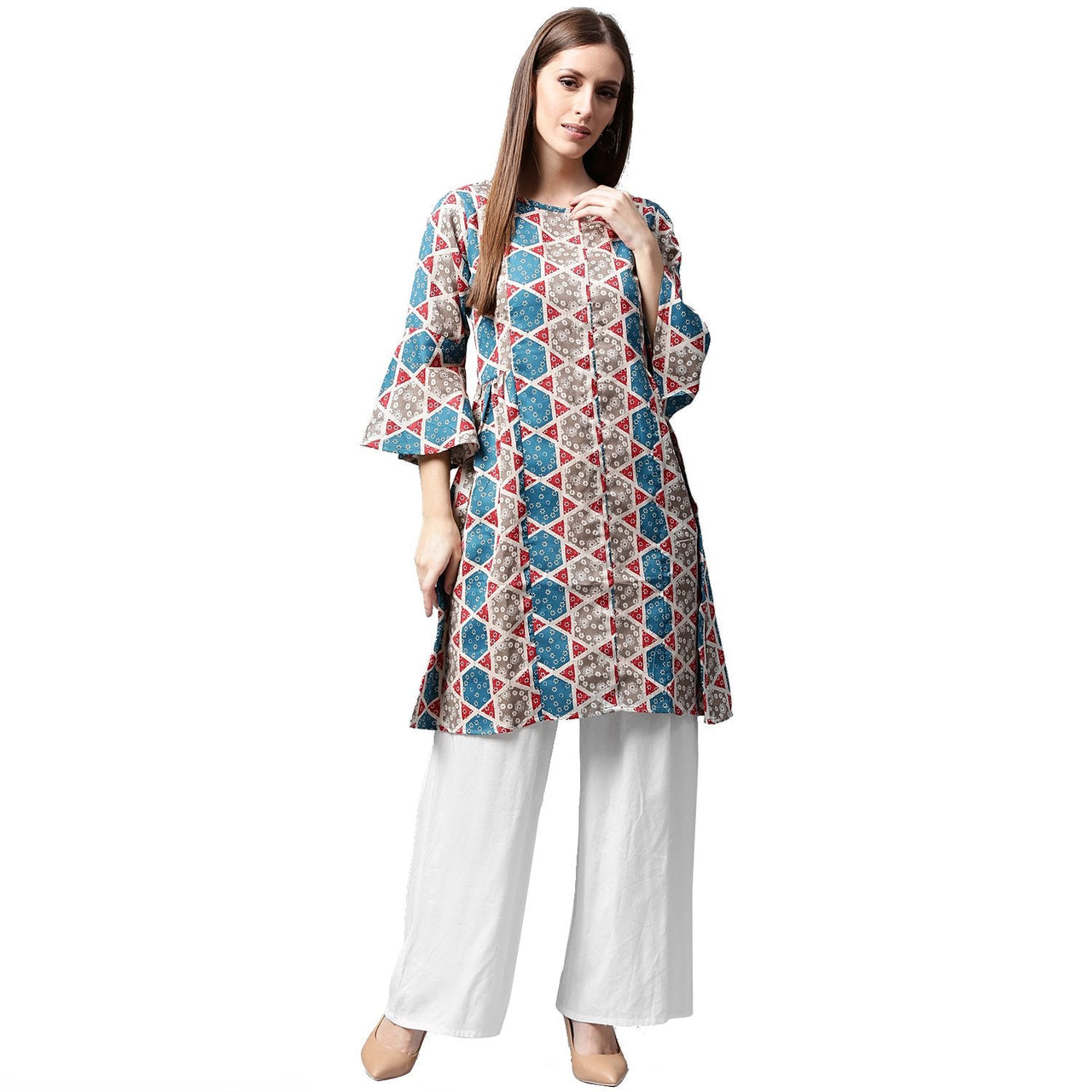 NOZ2TOZ Grey Printed 3/4th Sleeve Cotton A-Line Kurta - Distacart