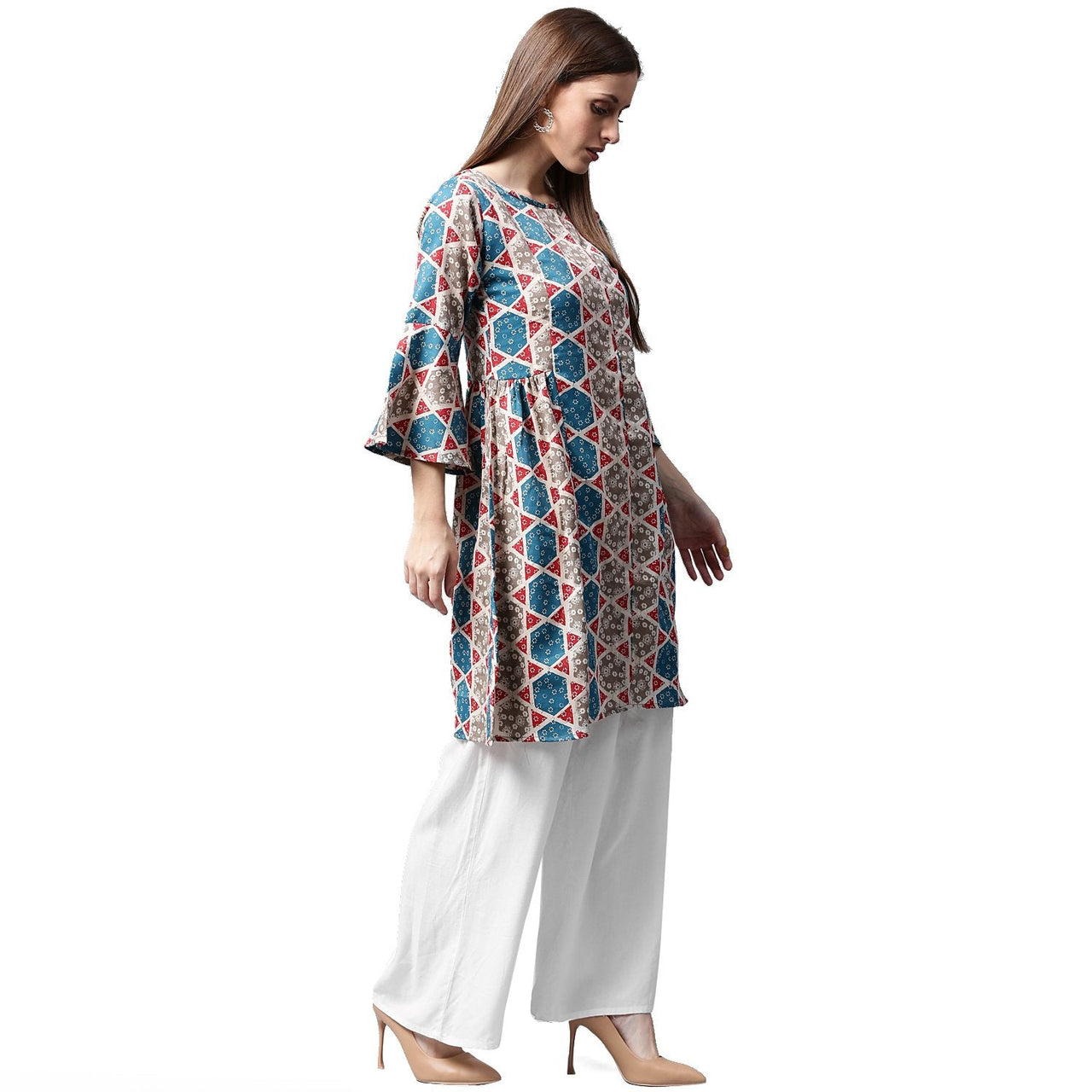 NOZ2TOZ Grey Printed 3/4th Sleeve Cotton A-Line Kurta - Distacart