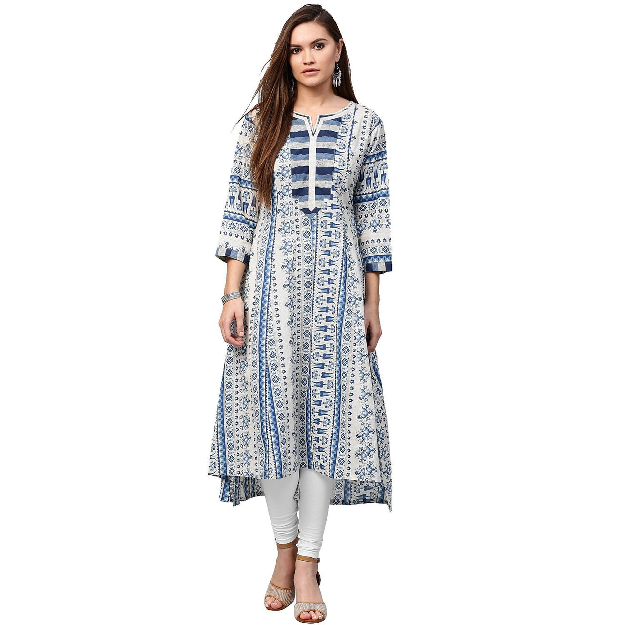 NOZ2TOZ Blue printed 3/4th sleeve Cotton A-line kurta - Distacart