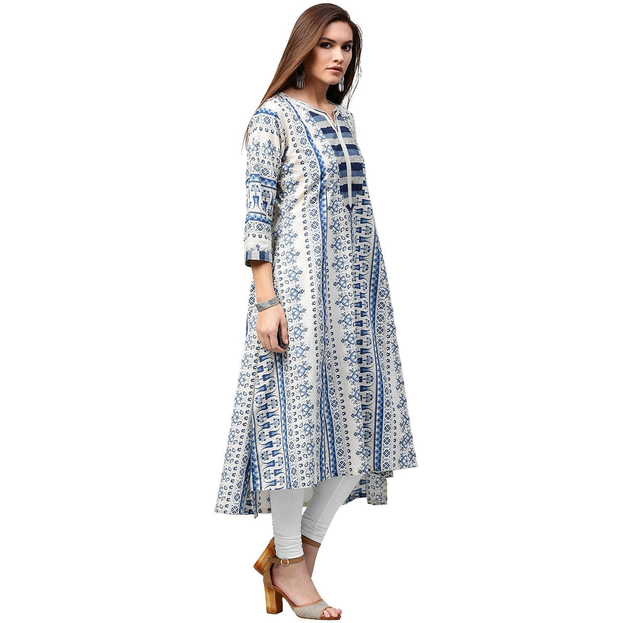 NOZ2TOZ Blue printed 3/4th sleeve Cotton A-line kurta - Distacart