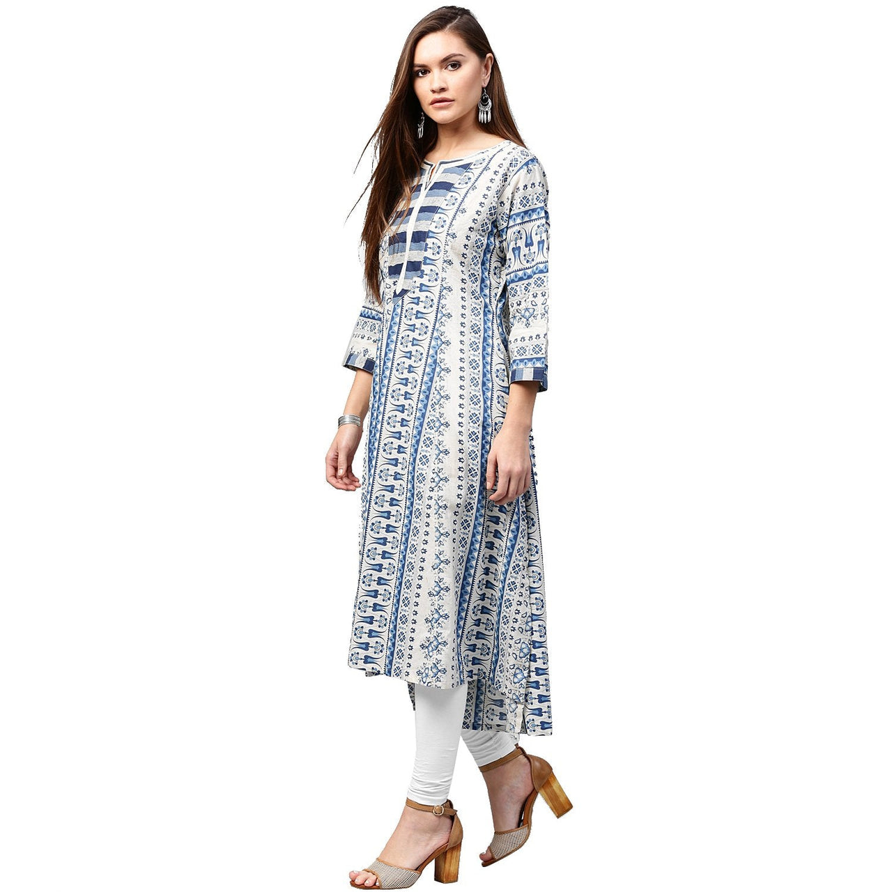 NOZ2TOZ Blue printed 3/4th sleeve Cotton A-line kurta - Distacart