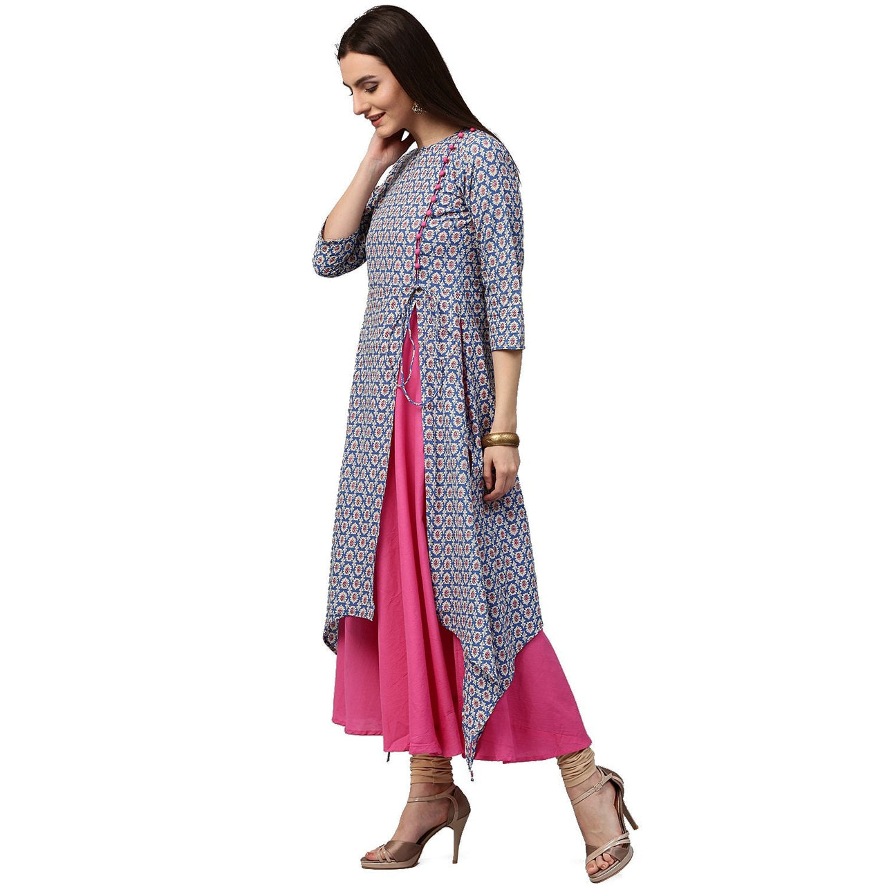 NOZ2TOZ Blue Printed 3/4th Sleeve Cotton Double Layer Kurta - Distacart