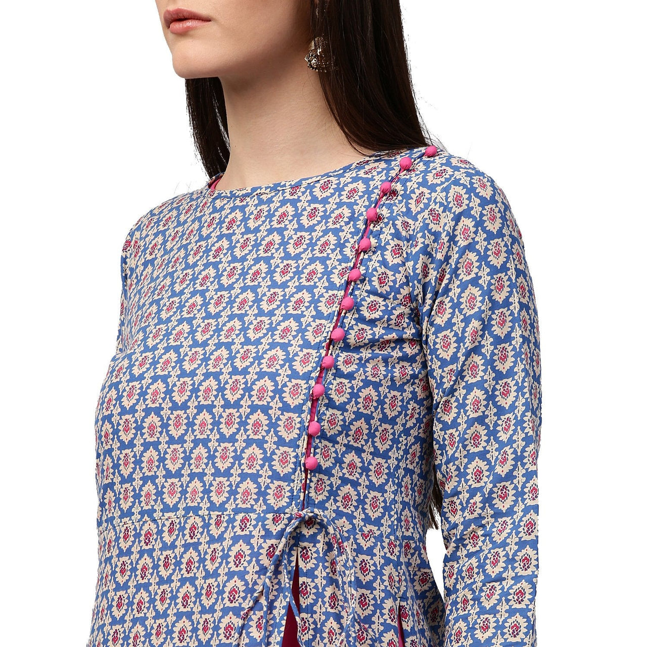 NOZ2TOZ Blue Printed 3/4th Sleeve Cotton Double Layer Kurta - Distacart