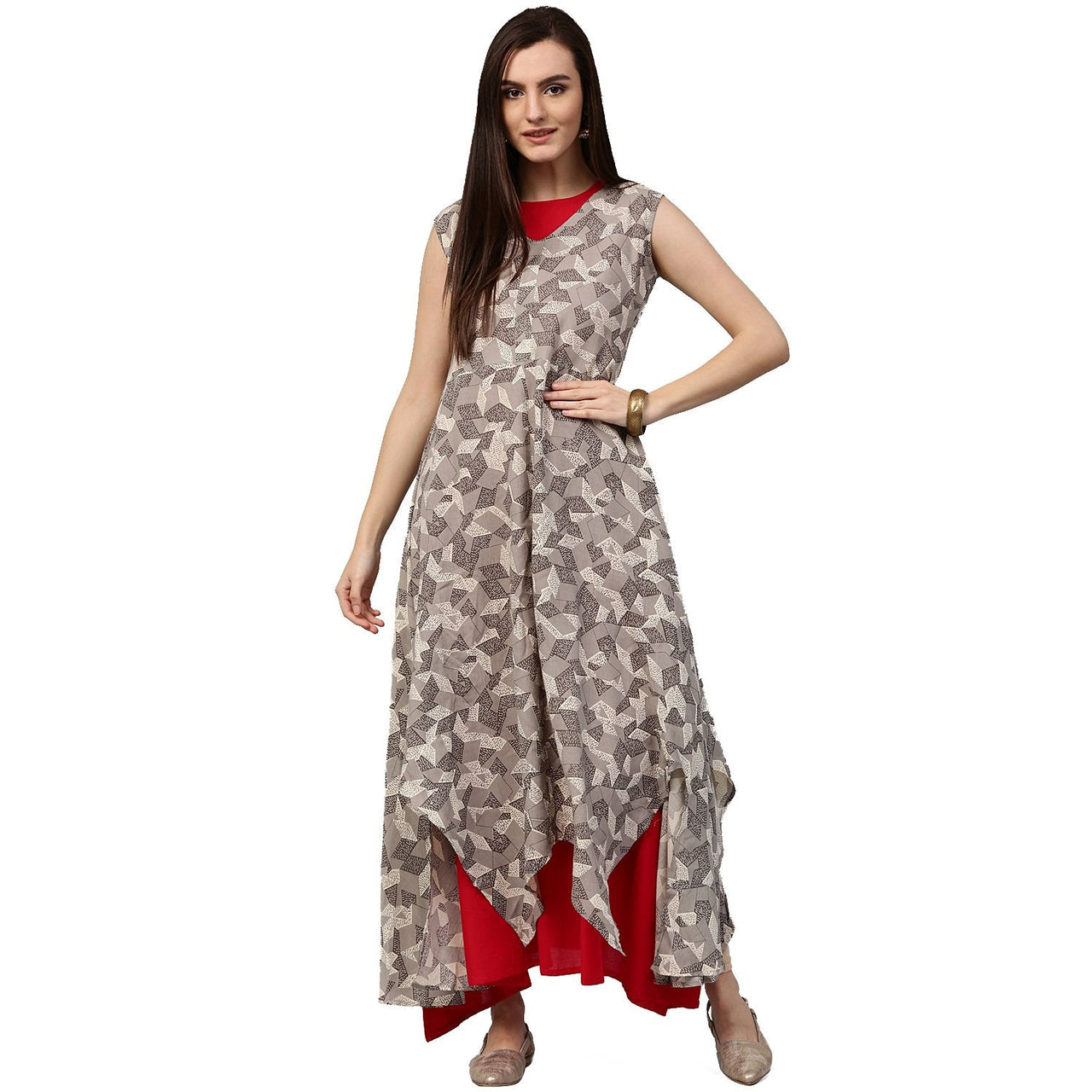 NOZ2TOZ Grey Printed Sleeveless Cotton Asymmetric Double Layer Kurta - Distacart