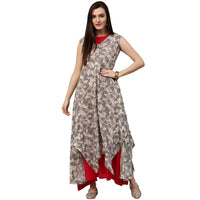 Thumbnail for NOZ2TOZ Grey Printed Sleeveless Cotton Asymmetric Double Layer Kurta - Distacart
