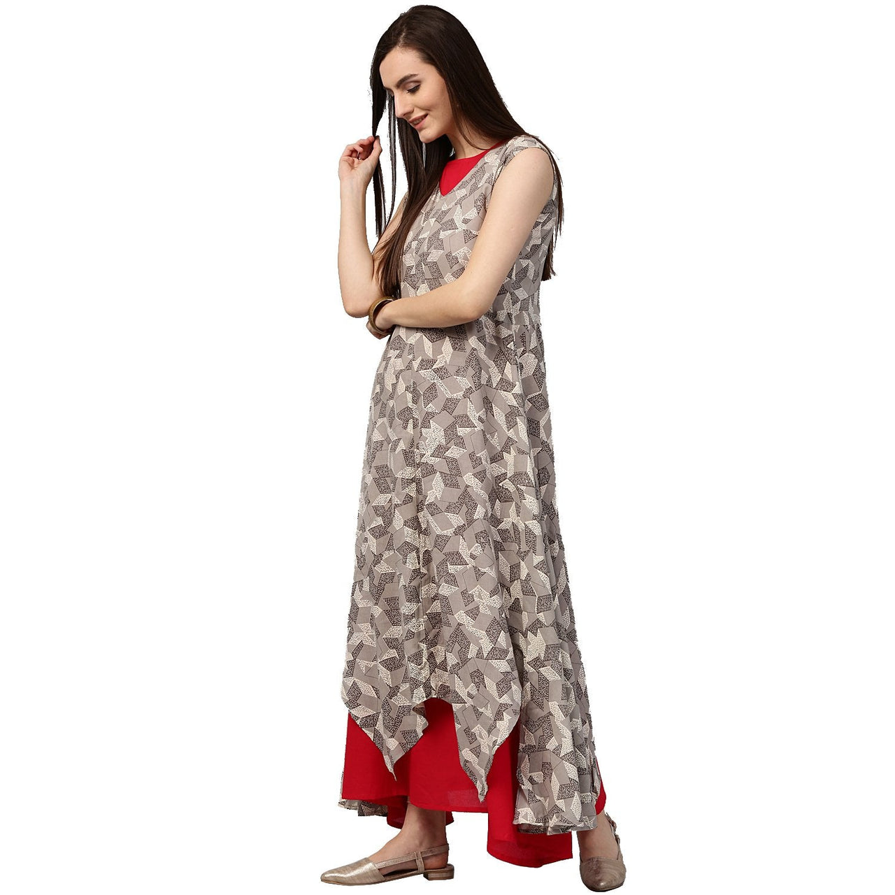 NOZ2TOZ Grey Printed Sleeveless Cotton Asymmetric Double Layer Kurta - Distacart