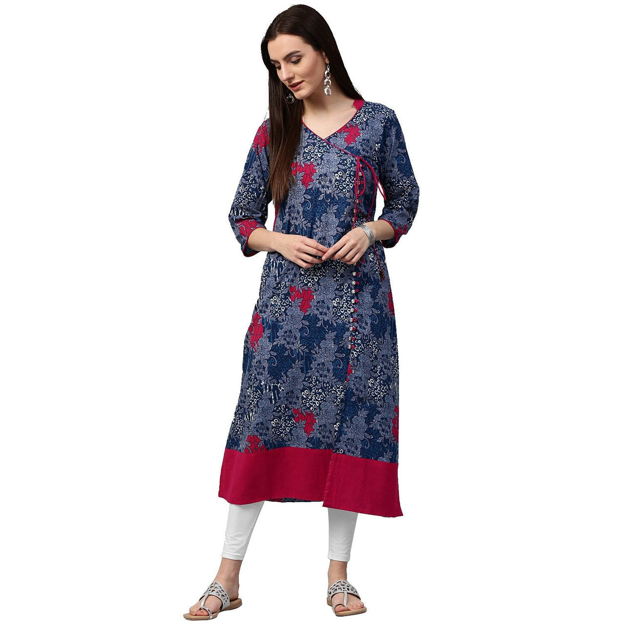 NOZ2TOZ Blue Printed 3/4th Sleeve Cotton A-Line Kurta - Distacart