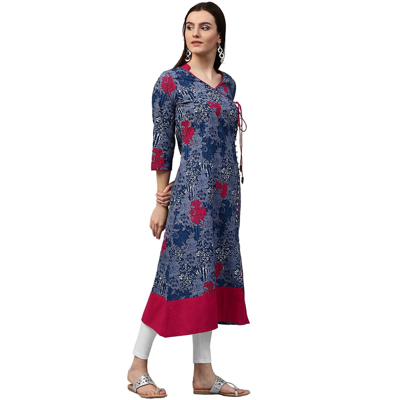 NOZ2TOZ Blue Printed 3/4th Sleeve Cotton A-Line Kurta - Distacart