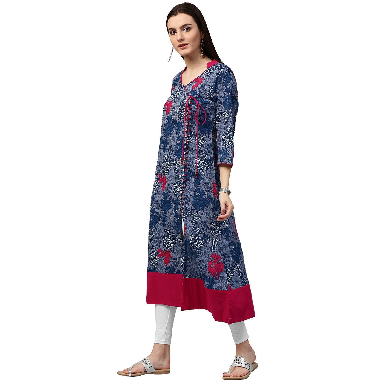 NOZ2TOZ Blue Printed 3/4th Sleeve Cotton A-Line Kurta - Distacart