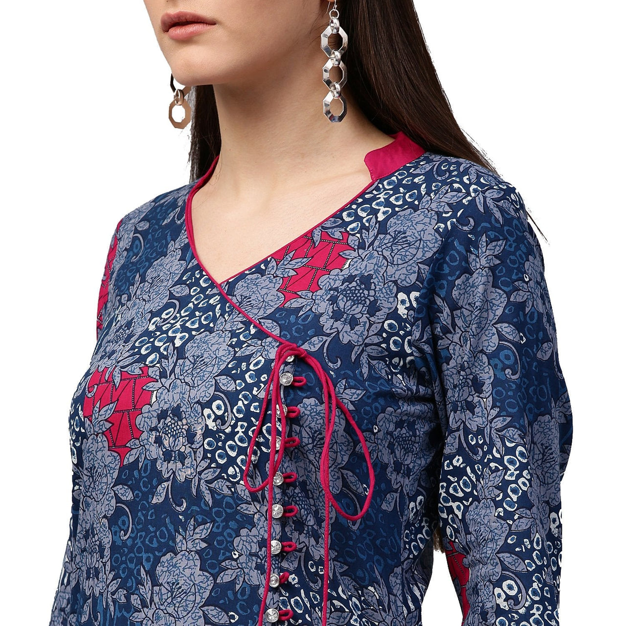 NOZ2TOZ Blue Printed 3/4th Sleeve Cotton A-Line Kurta - Distacart