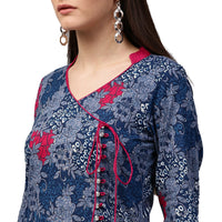 Thumbnail for NOZ2TOZ Blue Printed 3/4th Sleeve Cotton A-Line Kurta - Distacart