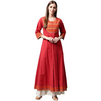 Thumbnail for NOZ2TOZ Red 3/4th Sleeve Cotton Anarkali Kurta With Printed Yoke - Distacart
