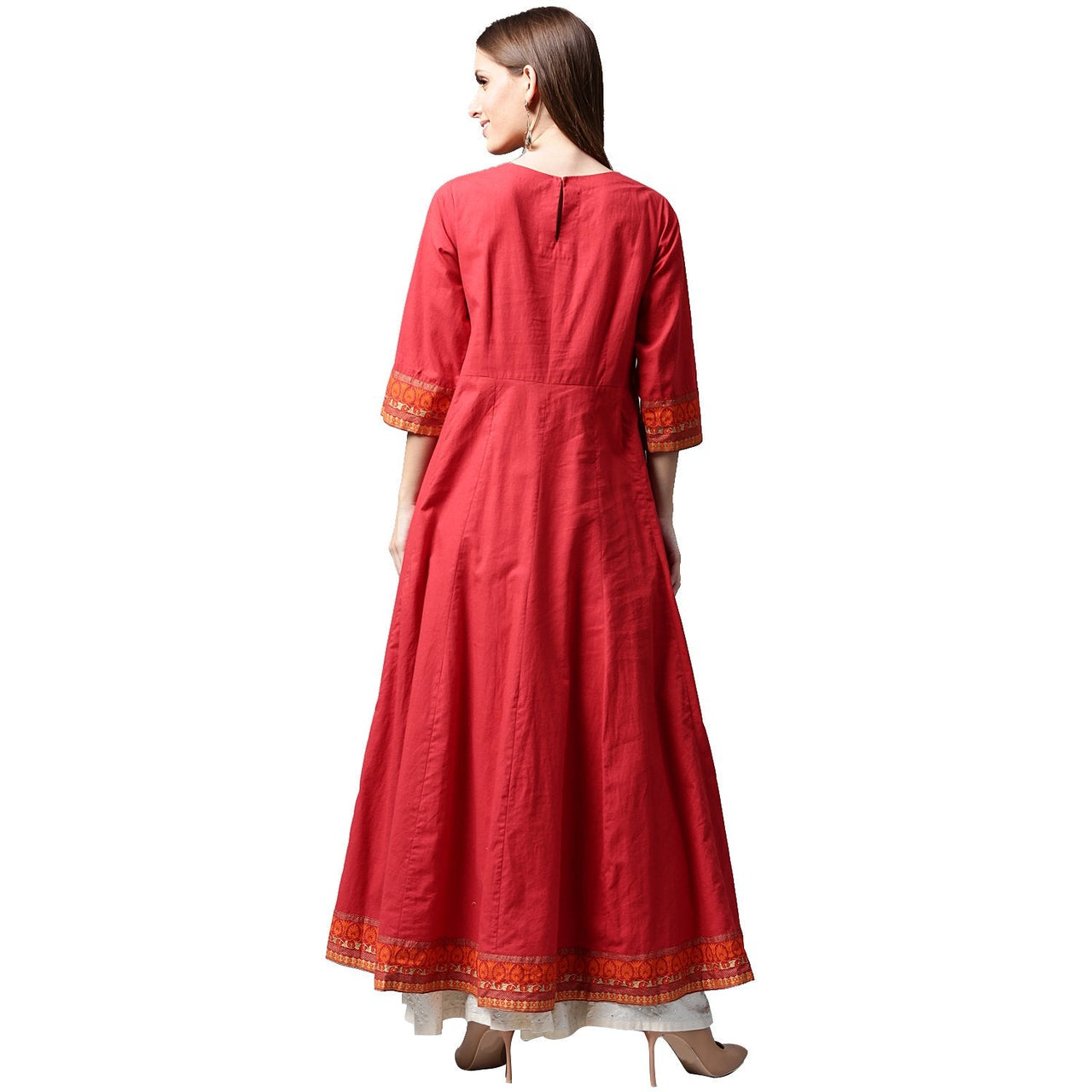 NOZ2TOZ Red 3/4th Sleeve Cotton Anarkali Kurta With Printed Yoke - Distacart