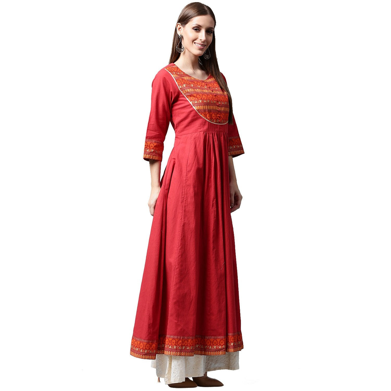 NOZ2TOZ Red 3/4th Sleeve Cotton Anarkali Kurta With Printed Yoke - Distacart