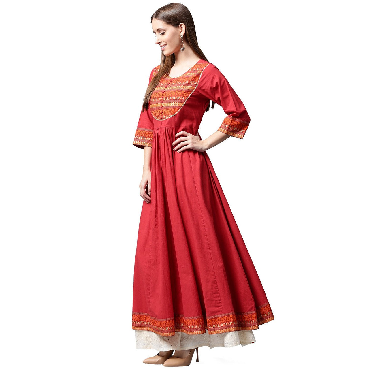 NOZ2TOZ Red 3/4th Sleeve Cotton Anarkali Kurta With Printed Yoke - Distacart