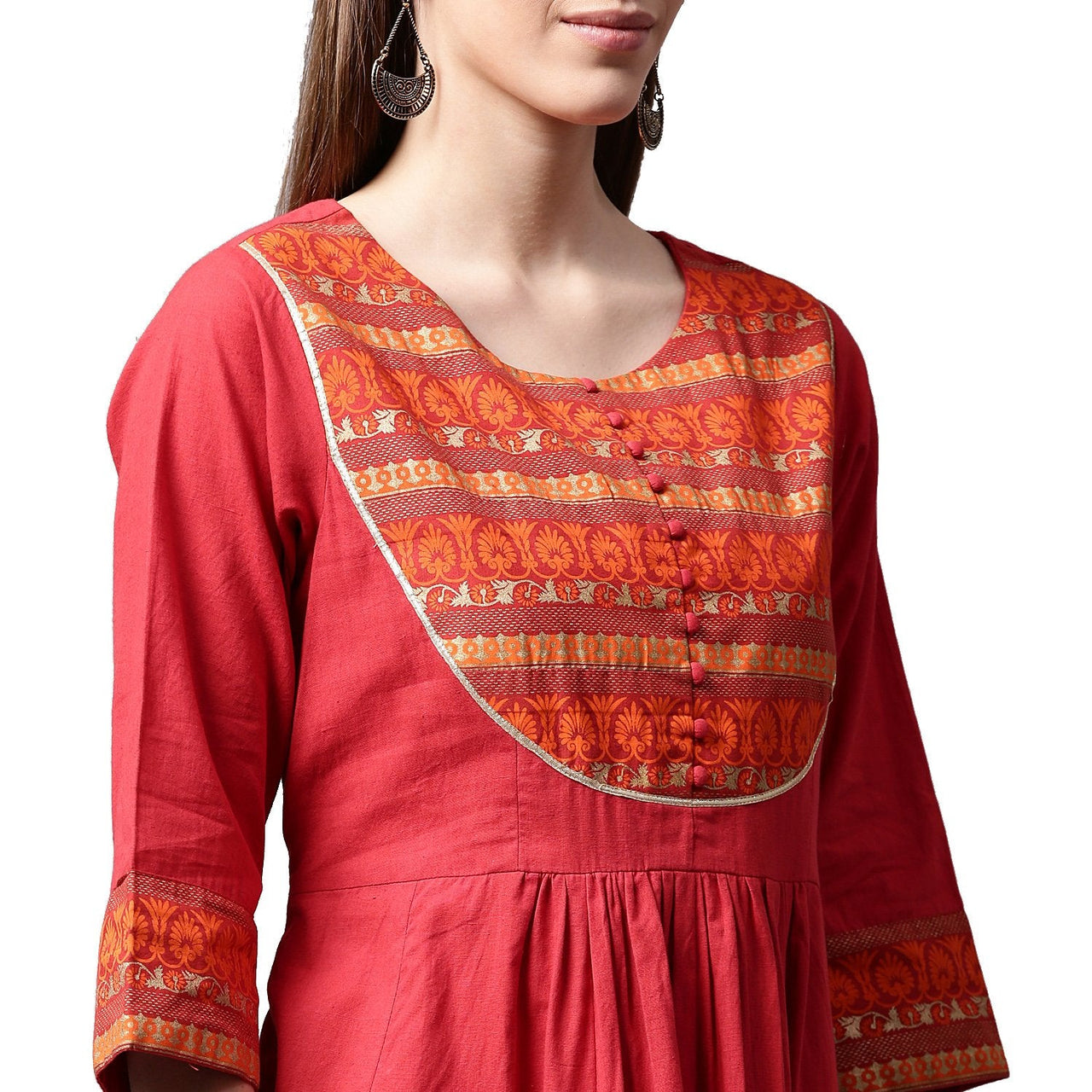 NOZ2TOZ Red 3/4th Sleeve Cotton Anarkali Kurta With Printed Yoke - Distacart
