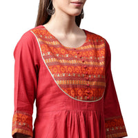 Thumbnail for NOZ2TOZ Red 3/4th Sleeve Cotton Anarkali Kurta With Printed Yoke - Distacart