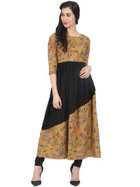 Thumbnail for NOZ2TOZ Mustard And Black Printed 3/4th Sleeve Cotton Anarkali Kurta - Distacart