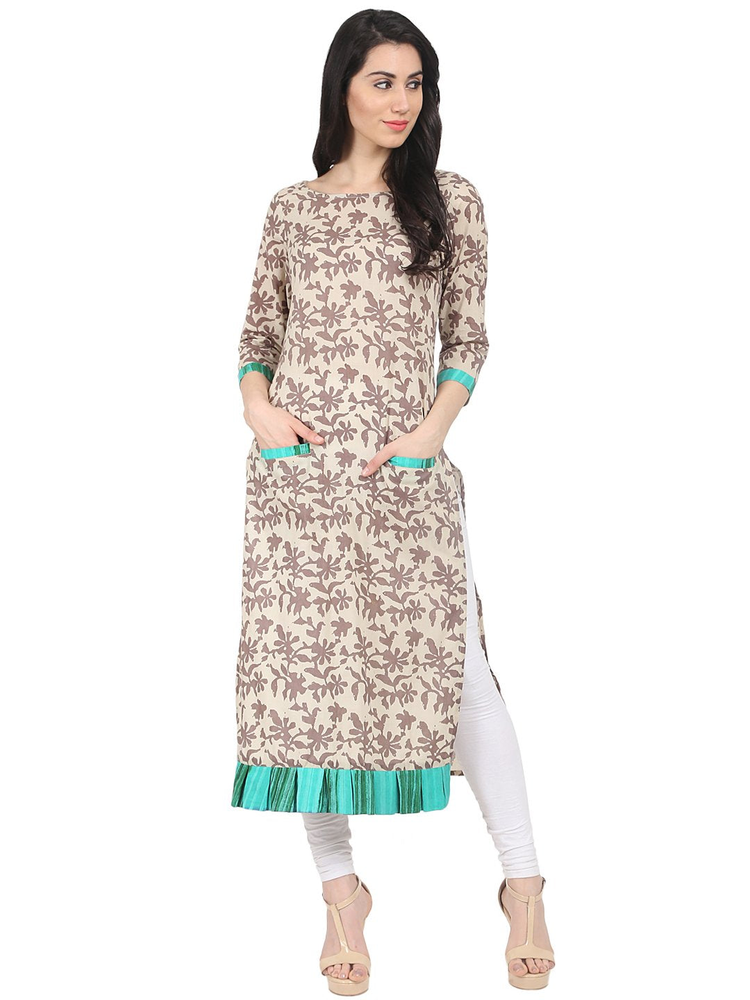NOZ2TOZ Beige printed 3/4th sleeve cotton straight kurta - Distacart