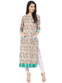 Thumbnail for NOZ2TOZ Beige printed 3/4th sleeve cotton straight kurta - Distacart