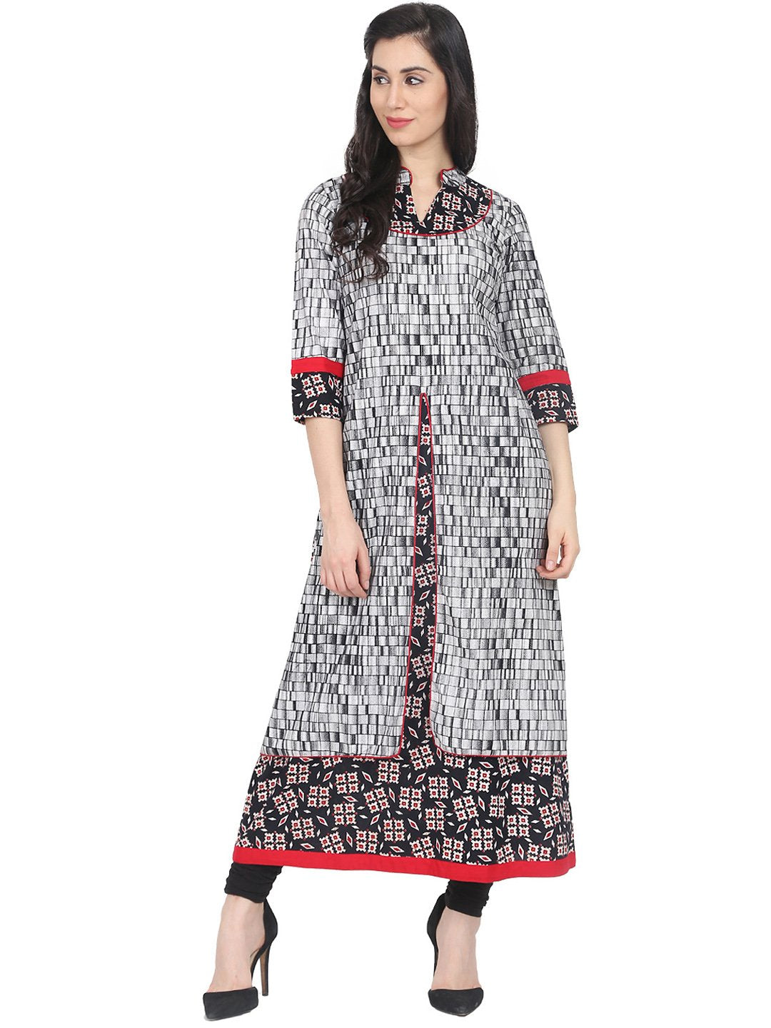 NOZ2TOZ Black Printed 3/4th Sleeve Cotton Front Layered Kurta - Distacart