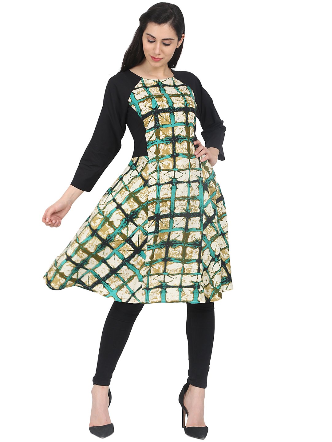 NOZ2TOZ Off Whitecheck 3/4th Sleeve Cotton A-Line Kurta - Distacart