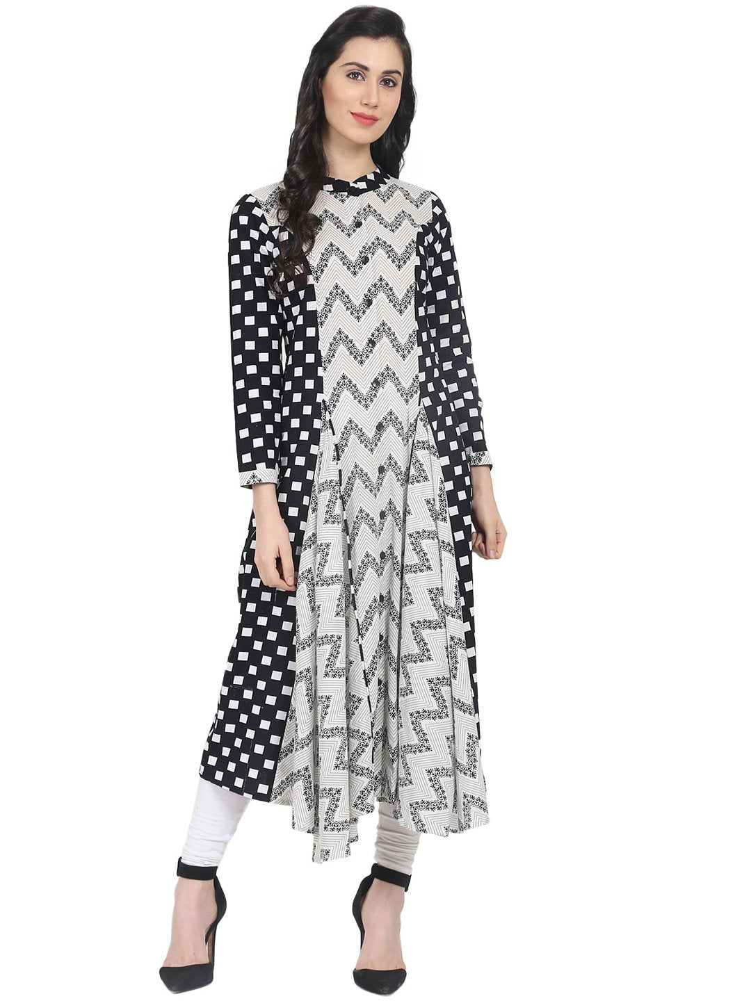 NOZ2TOZ Black & Off White Printed 3/4th Sleeve Cotton A-Line Kurta - Distacart