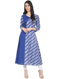 Thumbnail for NOZ2TOZ Blue Striped 3/4th Sleeve Cotton A-Line Kurta - Distacart