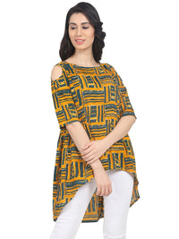 Thumbnail for NOZ2TOZ Mustard Printed Half Sleeve Cotton Asymetric Top - Distacart