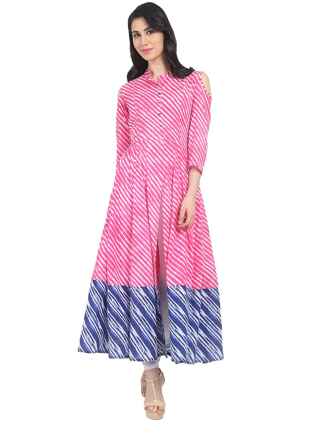 NOZ2TOZ Pink Striped 3/4th Sleeve Cold Shoulder Cotton Anarkali Kurta - Distacart