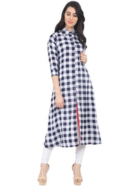 Thumbnail for NOZ2TOZ Blue Check Half Sleeve Crepe A-Line Kurta - Distacart