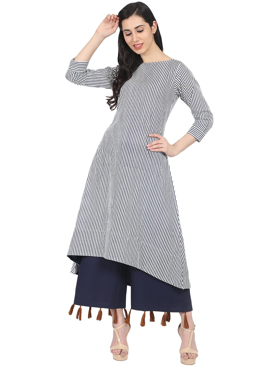 NOZ2TOZ Blue striped 3/4th sleeve cotton A-line kurta - Distacart