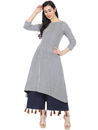 Thumbnail for NOZ2TOZ Blue striped 3/4th sleeve cotton A-line kurta - Distacart