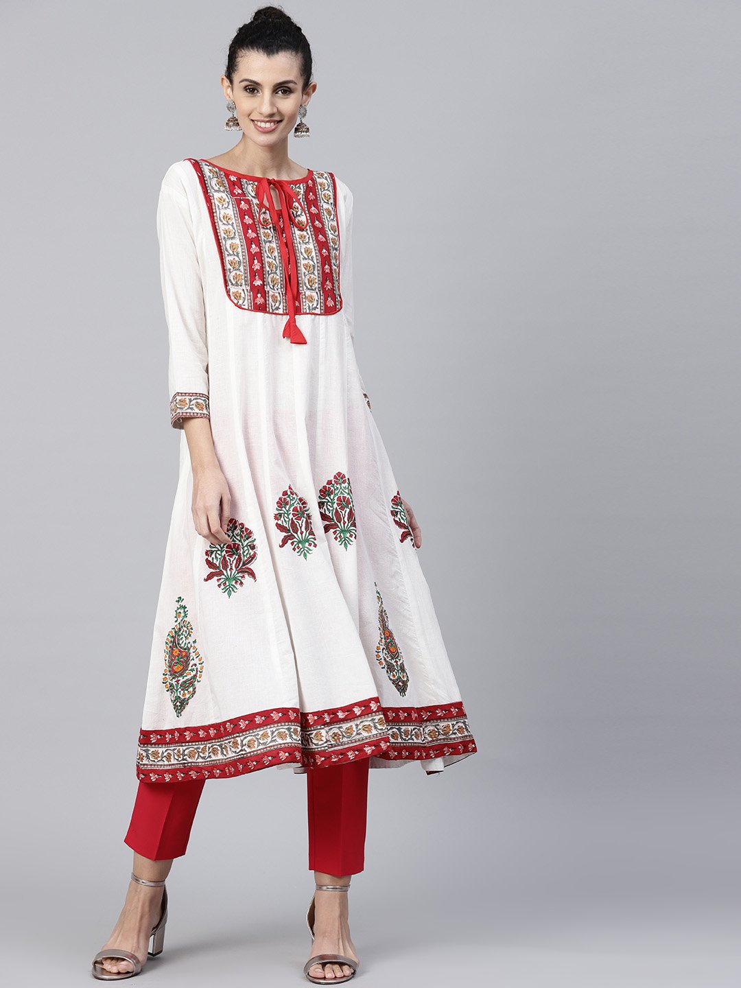 NOZ2TOZ Off white printed 3/4th sleeve cotton Anarkali kurta - Distacart