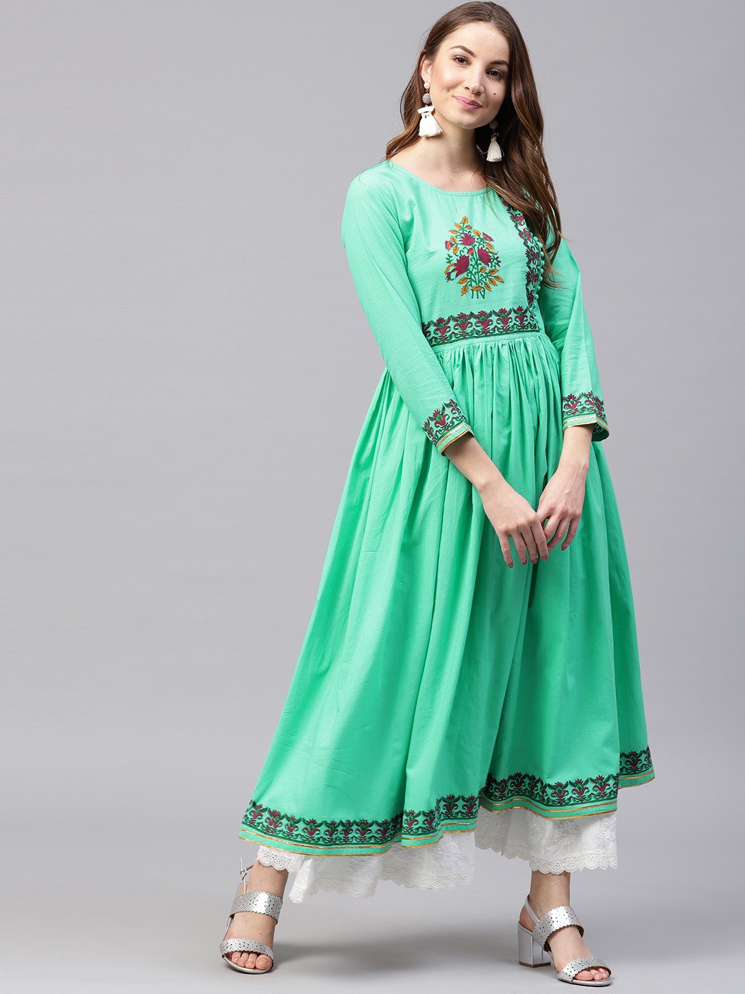 NOZ2TOZ Green 3/4th sleeve block printed Cotton Anarkali kurta - Distacart