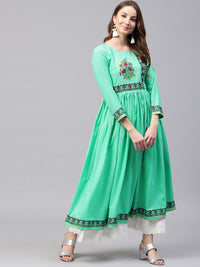 Thumbnail for NOZ2TOZ Green 3/4th sleeve block printed Cotton Anarkali kurta - Distacart