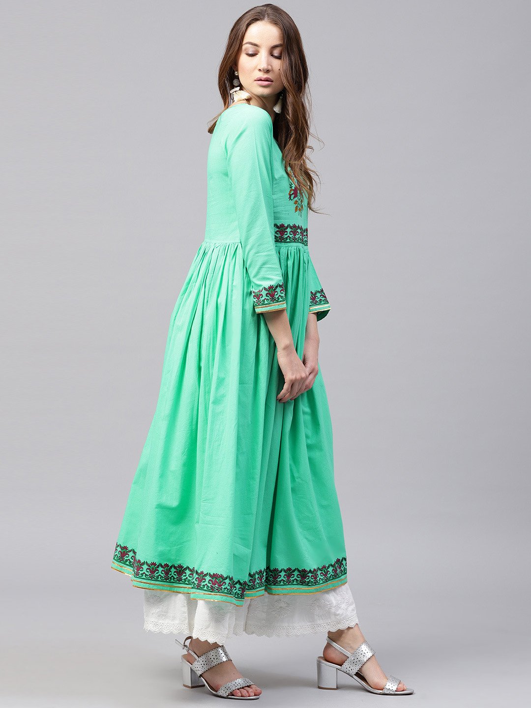 NOZ2TOZ Green 3/4th sleeve block printed Cotton Anarkali kurta - Distacart