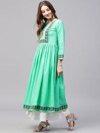 Thumbnail for NOZ2TOZ Green 3/4th sleeve block printed Cotton Anarkali kurta - Distacart