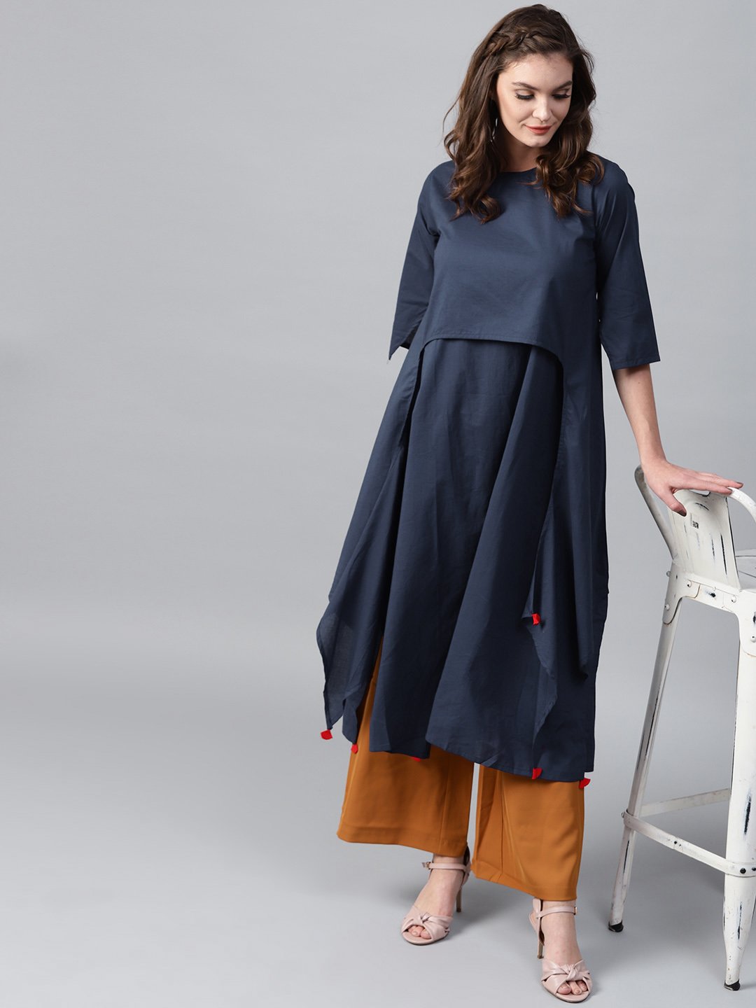 NOZ2TOZ Navy blue 3/4th sleeve cotton layered kurta - Distacart