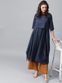 Thumbnail for NOZ2TOZ Navy blue 3/4th sleeve cotton layered kurta - Distacart