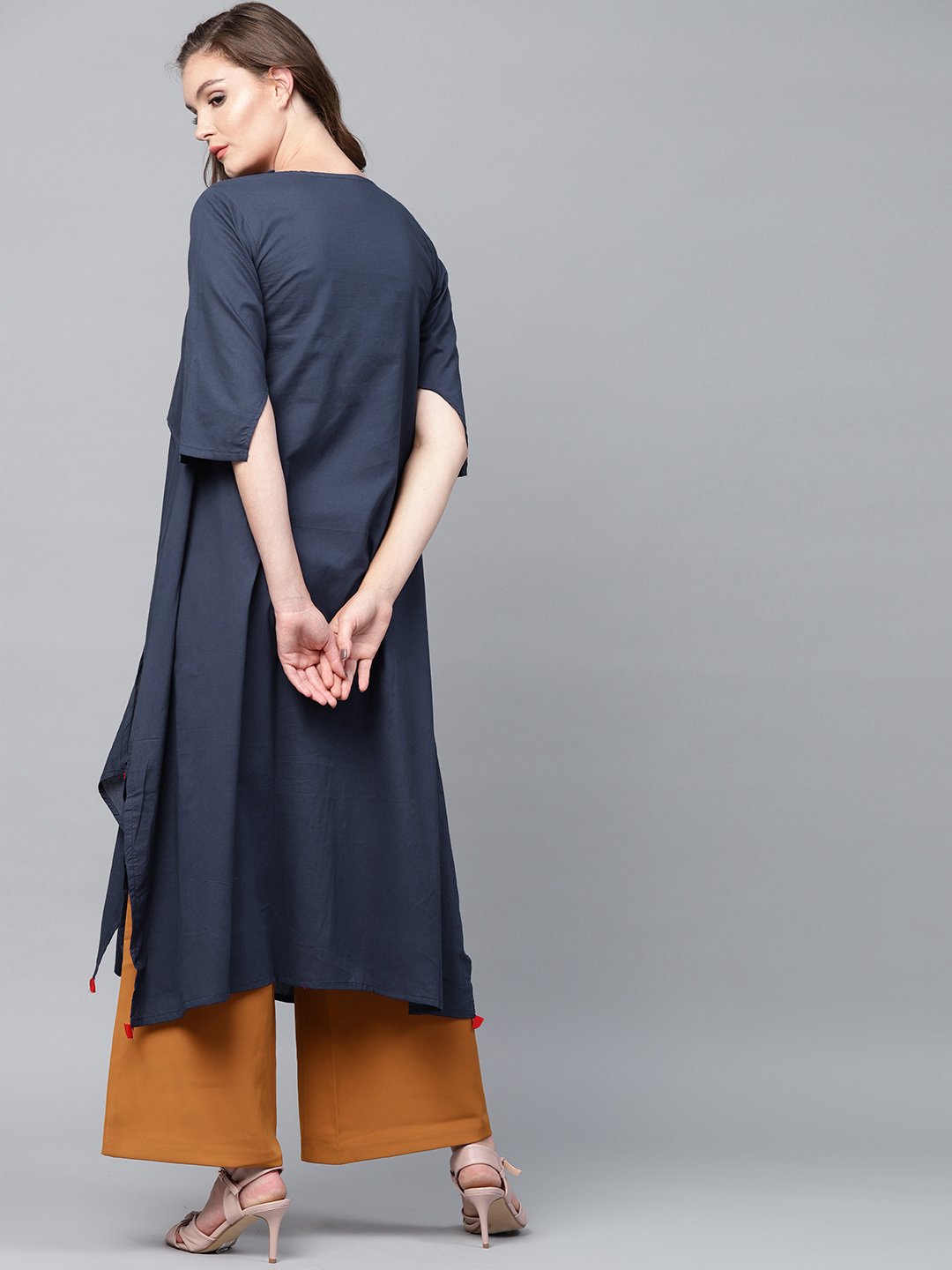 NOZ2TOZ Navy blue 3/4th sleeve cotton layered kurta - Distacart