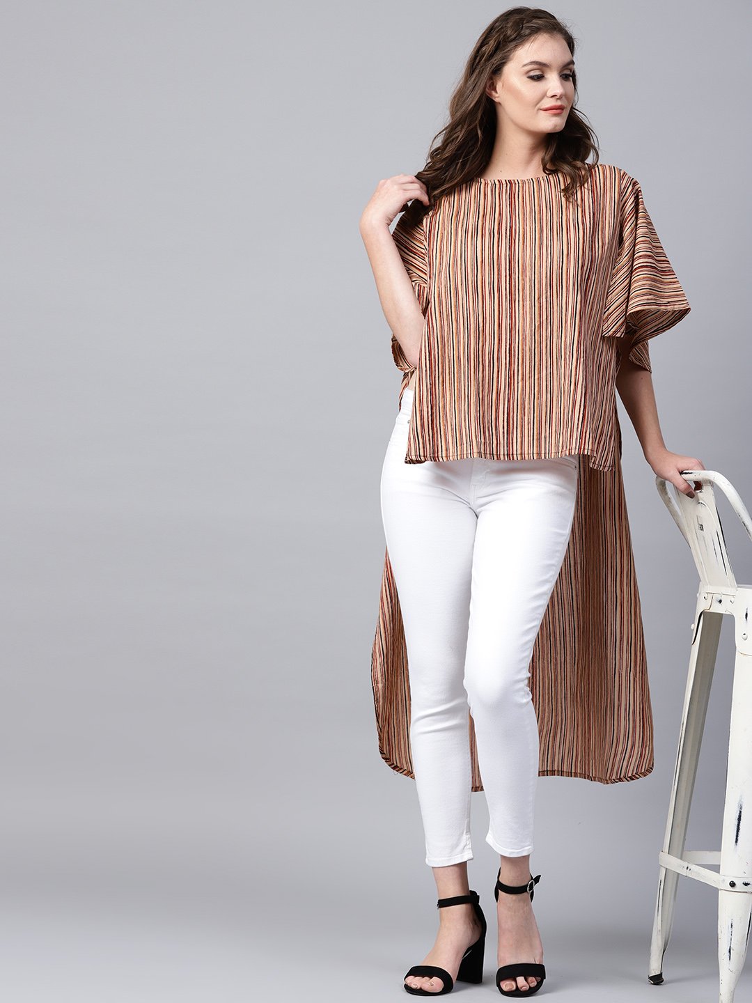 NOZ2TOZ Beige Striped Half Sleeve Low High Cotton Tunics - Distacart