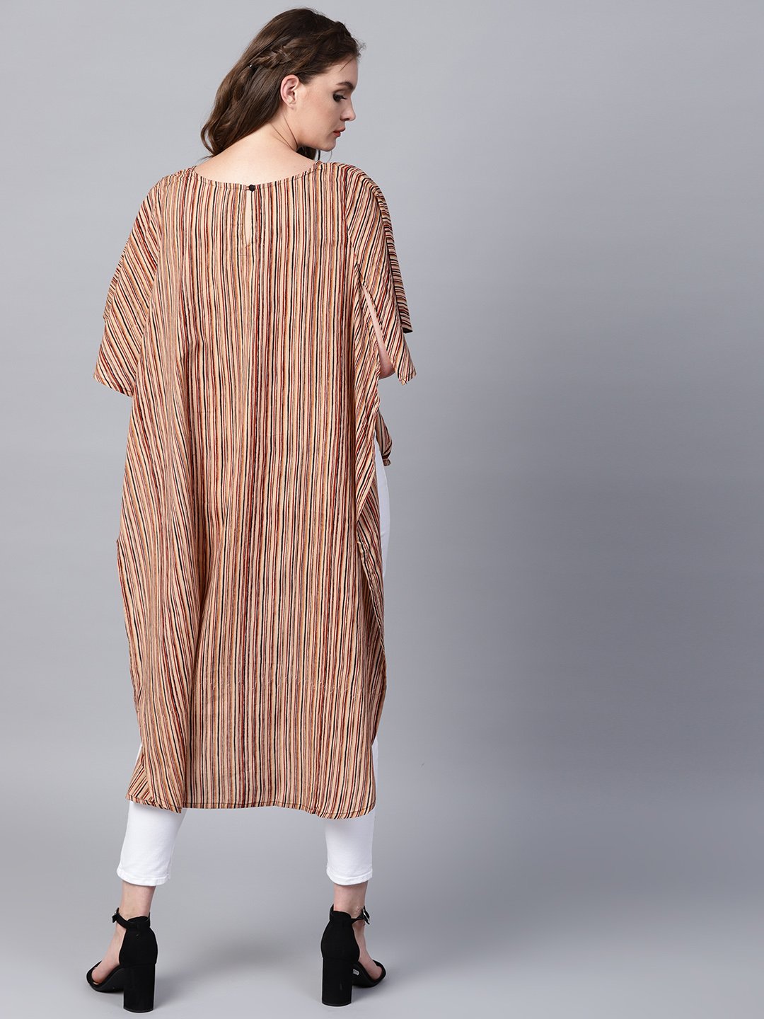 NOZ2TOZ Beige Striped Half Sleeve Low High Cotton Tunics - Distacart