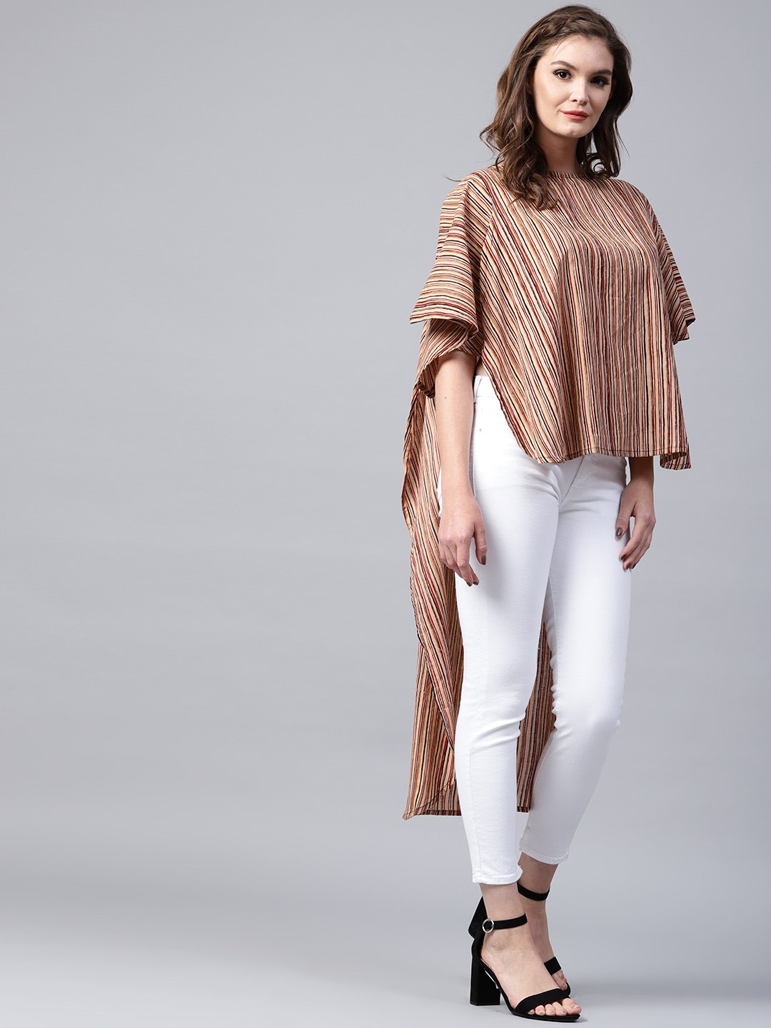 NOZ2TOZ Beige Striped Half Sleeve Low High Cotton Tunics - Distacart