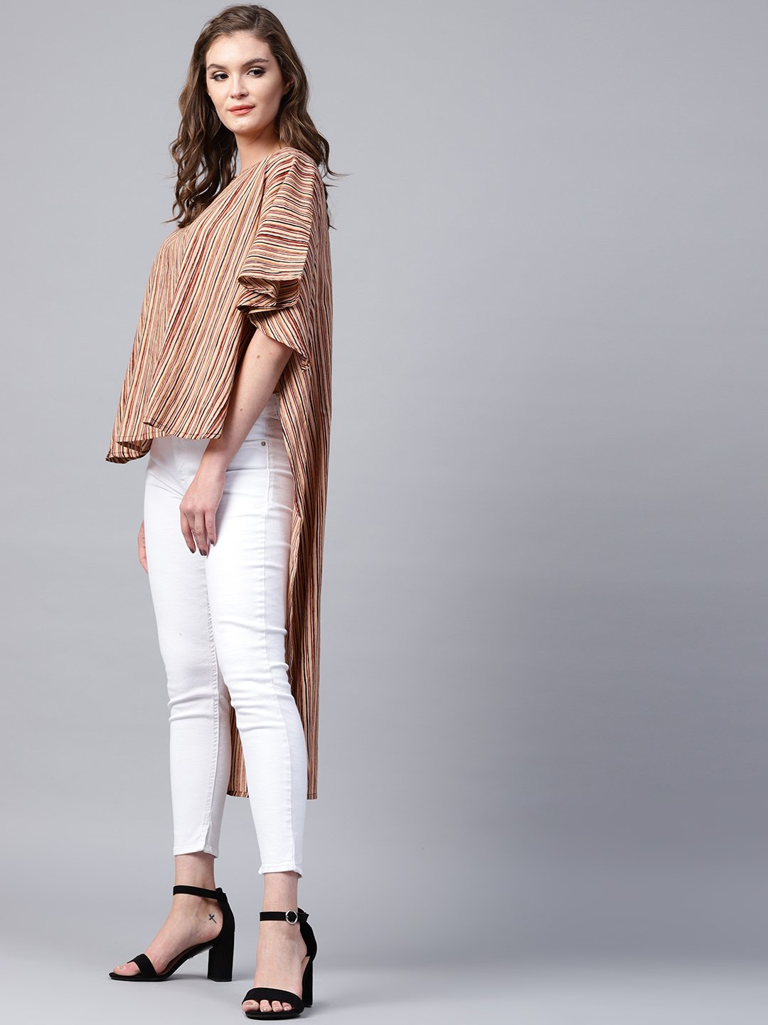 NOZ2TOZ Beige Striped Half Sleeve Low High Cotton Tunics - Distacart