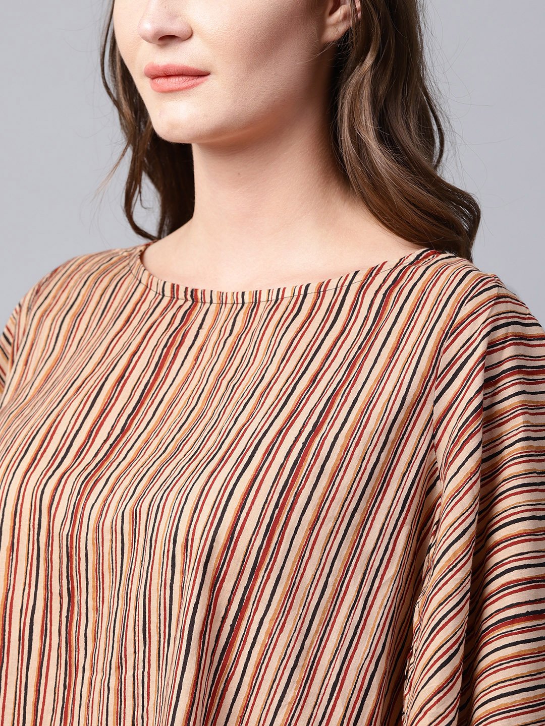 NOZ2TOZ Beige Striped Half Sleeve Low High Cotton Tunics - Distacart