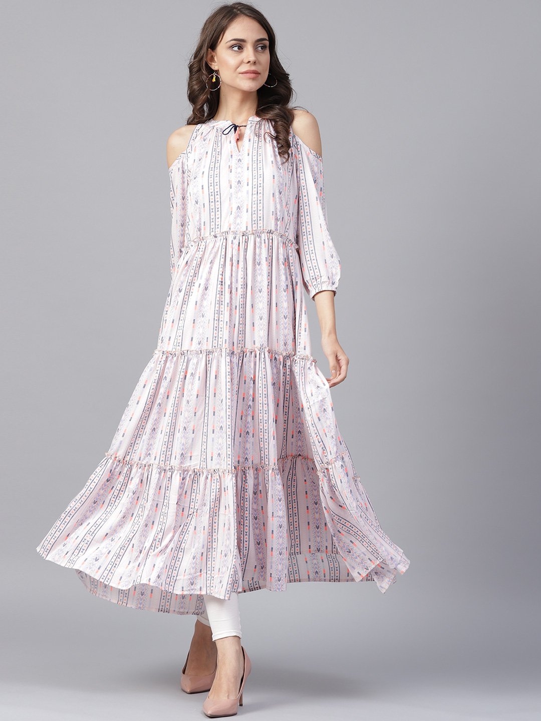 NOZ2TOZ Off White Printed 3/4th Cold Shoulder Sleeve Tiered Anarkali Kurta - Distacart