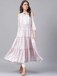 Thumbnail for NOZ2TOZ Off White Printed 3/4th Cold Shoulder Sleeve Tiered Anarkali Kurta - Distacart