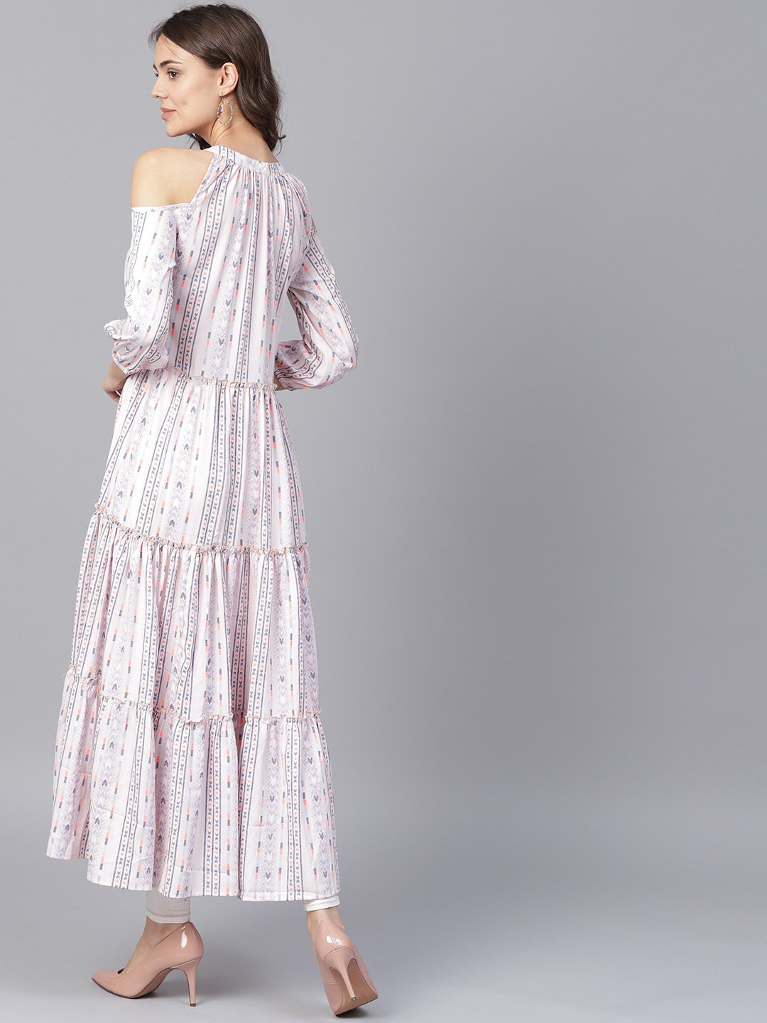 NOZ2TOZ Off White Printed 3/4th Cold Shoulder Sleeve Tiered Anarkali Kurta - Distacart