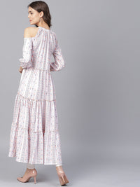 Thumbnail for NOZ2TOZ Off White Printed 3/4th Cold Shoulder Sleeve Tiered Anarkali Kurta - Distacart